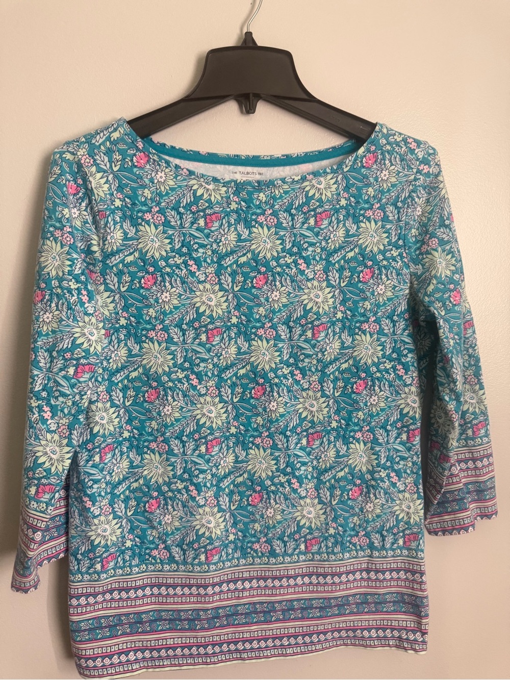Talbots Telal and Pink Floral 3/5 Sleeve Boatneck Top size medium